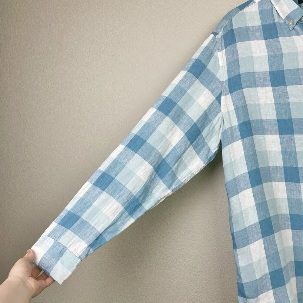 Banana Republic Men's Large Camden Fit 100% Linen Plaid Shirt Collare Button Blu